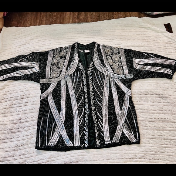 Vintage handmade Silver Beaded Sequined Duster Coat Long Jacket - Picture 15 of 16